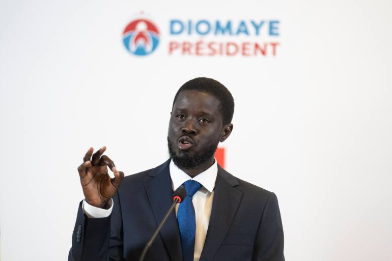 Bassirou Diomaye Faye holds a press conference after winning the presidential elections in Dakar, Senegal, Monday, March 25, 2024. (AP Photo/Mosa'ab Elshamy)