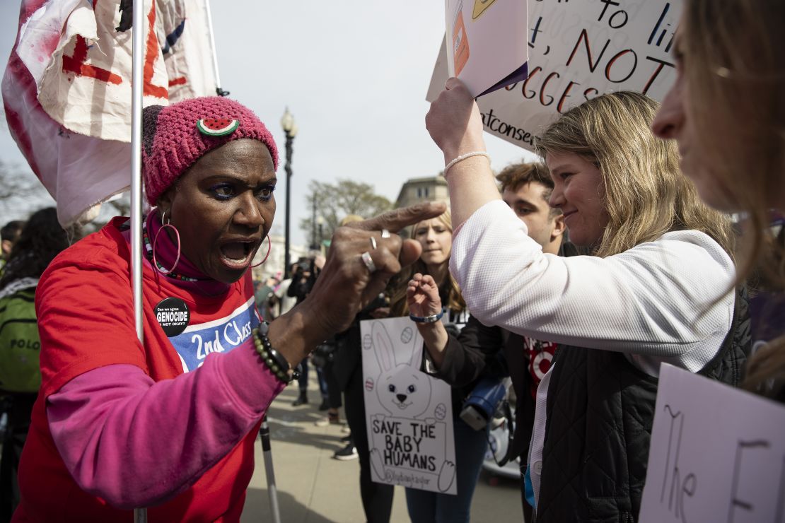 WASHINGTON D.C. - MARCH 26: People gather to rally on broad access to the abortion pill outside the U.S. Supreme Court as justices hear oral arguments in a bid by President Joe Biden's administration to preserve broad access to abortion pill in Washington DC, United States on March 26, 2024. Also, anti-abortion protesters and pro-abortion rights protesters argue during a rally. (Photo by Mostafa Bassim/Anadolu via Getty Images)