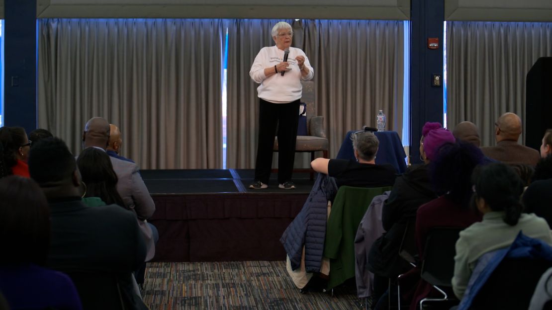 Jane Elliott speaks to an audience in 2019. Her speaking engagements at colleges have decreased.