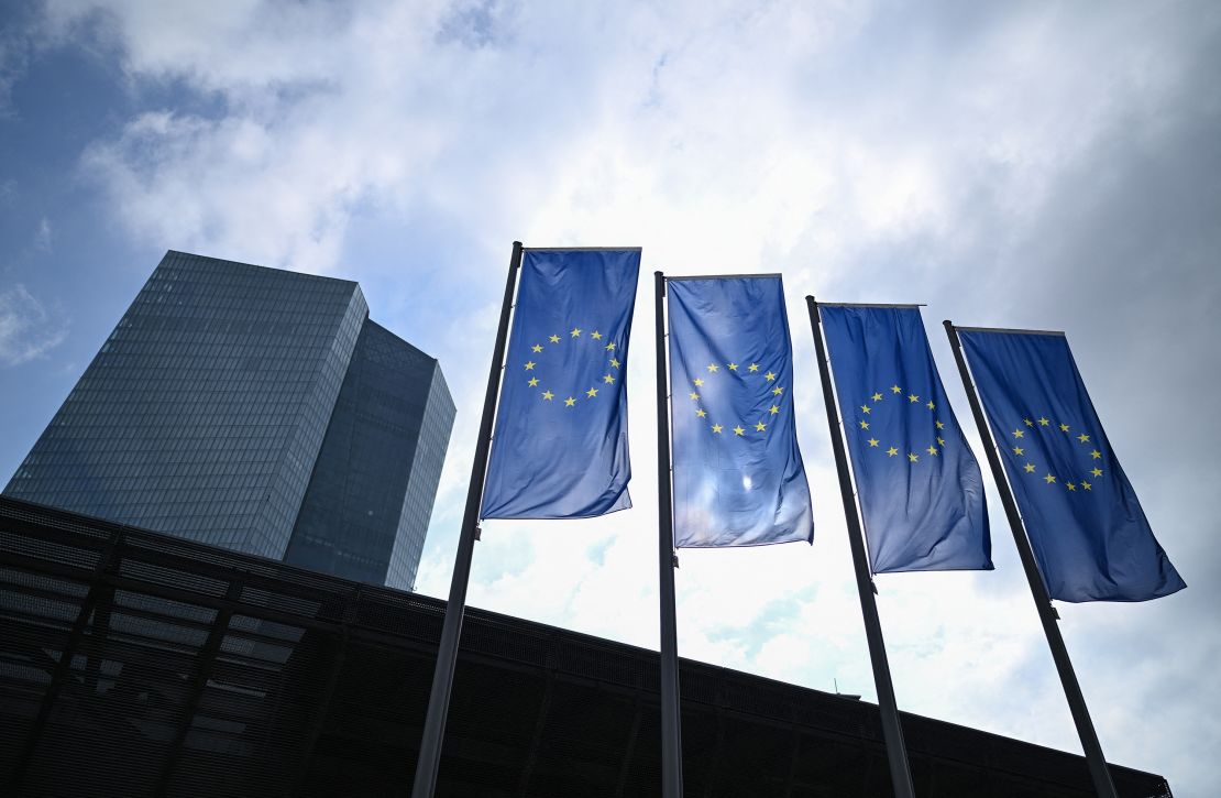 European Union flags fly in front of the European Central Bank in Frankfurt, earlier this year. While EU leaders agree that more money should go to arming Ukraine, there have been divisions over how to finance it.